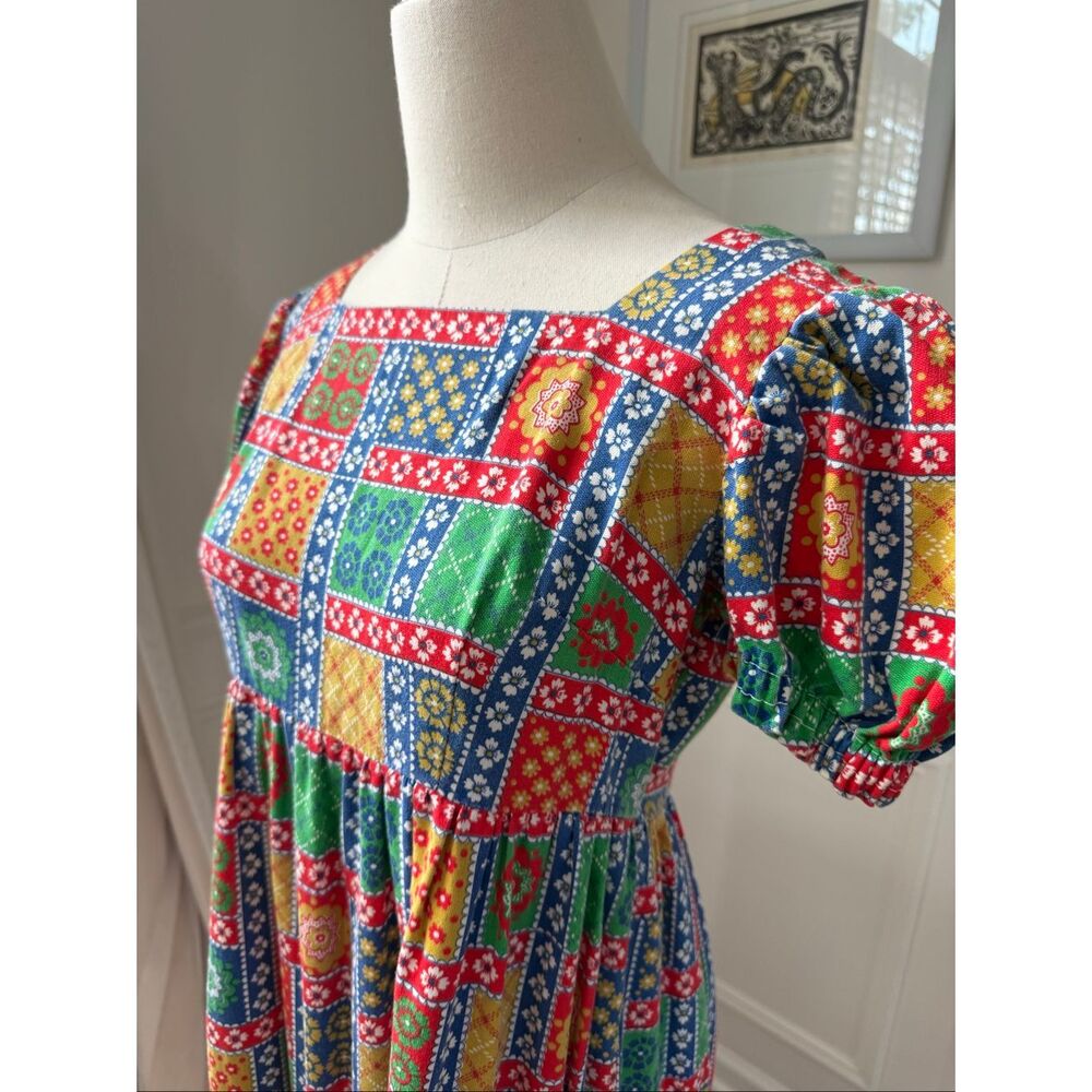 Vintage 70s Empire Waist Maxi Dress Colorful Bandana Folkart Print S - Picture 4 of 6